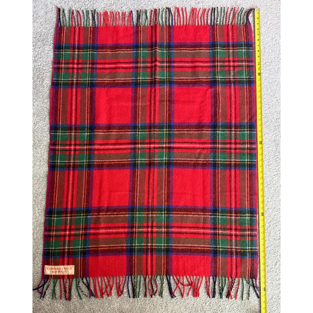Vintage Cunard Eagle Airways Red Tartan Plaid Wool Throw Blanket Fringed 36x48